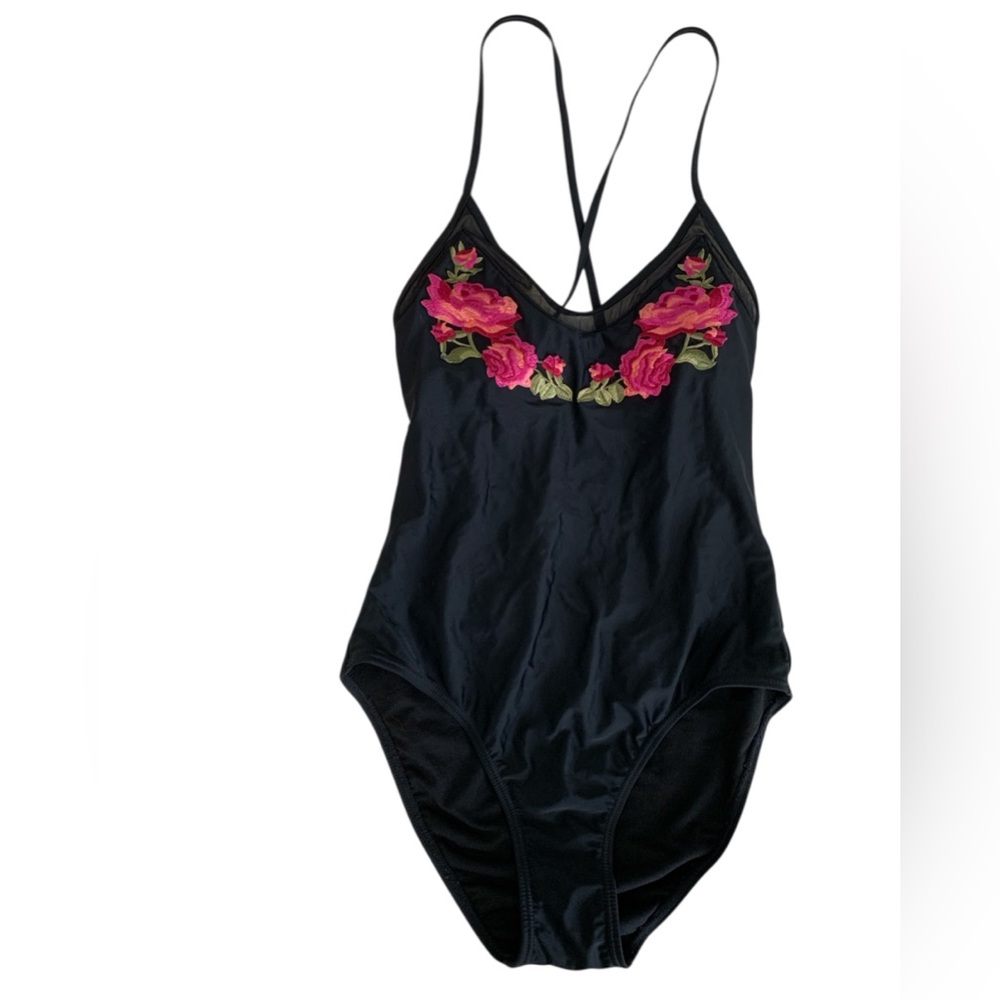 Xhilaration 1 Piece Swim Suit Women Size M Black Pink Rose Embroidery Mesh Back